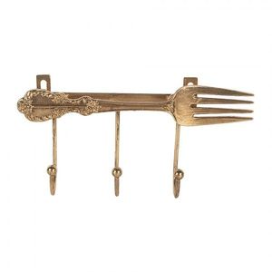 Zlatý antik nástěnný kovový věšák se 3mi háčky vidlička - 18*4*9 cm 6Y5897 obraz