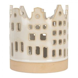 Béžový keramický svícen na čajovou svíčku s domky - Ø 11*11 cm 6CE2346 obraz