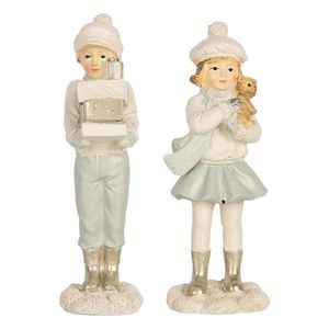 Béžová dekorace dívka a chlapec s medvídkem a dárky - 5*4*11 cm 6PR5917 obraz