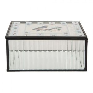 Černá antik kovová skleněná šperkovnice s ptáčkem - 18*14*8 cm 6Y5949 obraz