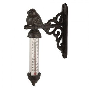 Hnědý litinový venkovní teploměr s ptáčkem - 3*11*16 cm 6Y5769 obraz
