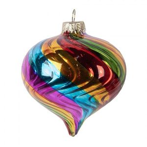 Barevná pruhovaná skleněná ozdoba špičatá baňka - Ø 8*8 cm 6GL5133 obraz