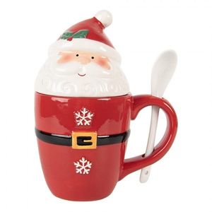 Bílo-červený hrnek Santa Claus s víkem a lžičkou - 13*9*17 cm / 300 ml 6CEMU0218 obraz