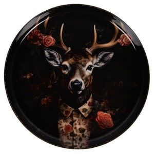Černý kovový podtácek hlava Jelen s květy - Ø 11*1 cm 66419 obraz