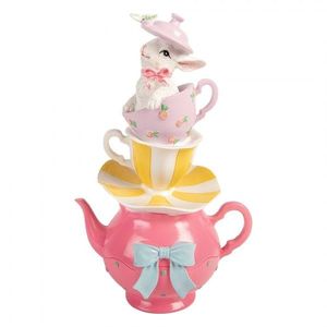 Dekorace králíček na šálcích a růžové konvičce - 16*13*26 cm 6PR5948 obraz