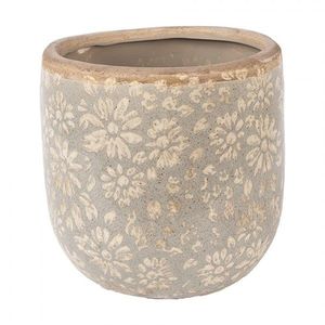 Šedý antik keramický obal na květináč s květy M - Ø 14*13 cm 6CE2409M obraz