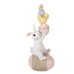 Dekorace bílý králík na vajíčku držící kuřátko - 8*6*19 cm 6PR5978 obraz