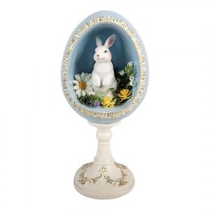 Bílo-modré vajíčko na podstavci s králíčkem a květy - 13*12*28 cm 6PR6110 obraz