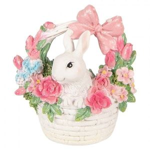 Dekorace bílý králíček v košíčku s květy - 15*9*16 cm 6PR6068 obraz