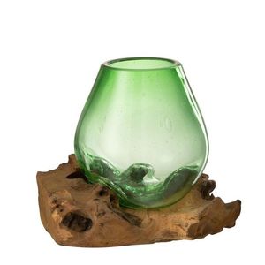 Zelená skleněná váza na dřevu Gamal L - 23*19*19 cm 42337 obraz