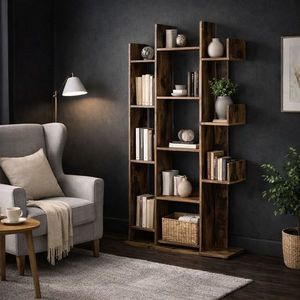 Asymetrická knihovna 13 polic, 86x25x140 cm, rustikální obraz