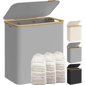 Koš na prádlo 150L se 3 přihrádkami, šedý, bambusový rám obraz