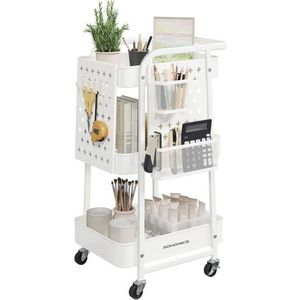 Kovový pojízdný regál s háčky a pegboardy, bílý, 3 patra obraz