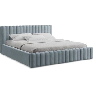 Světle modrá čalouněná dvoulůžková postel s úložným prostorem s roštem 160x200 cm Lemi – Makamii obraz