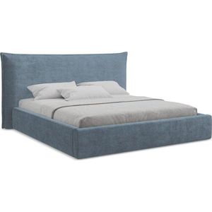 Modrá čalouněná dvoulůžková postel s úložným prostorem s roštem 140x200 cm Esala – Makamii obraz