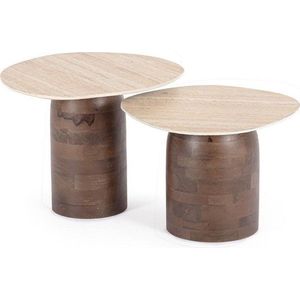 Hnědé/ve světle přírodní barvě kulaté konferenční stolky v sadě 2 ks s deskou v dekoru mramoru 34x40 cm Yanisha – Bizzotto obraz