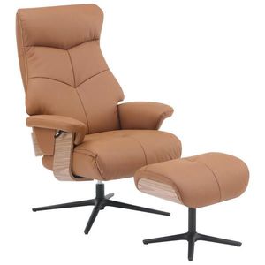 P & B RELAXAČNÍ KŘESLO S TABURETEM, dřevo, textil, kůže, hnědá obraz