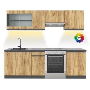 Vicco KUCHYŇSKÝ KOUT R-Line, Zlatý mocný dub/Antracit, 240 cm bez pracovní desky s páskem LED obraz