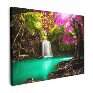 MuchoWow OBRAZ NA PLÁTNĚ Vodopád s barevnými květy a stromy - Příroda - Džungle 40x30 cm obraz