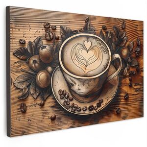 MuchoWow OBRAZ NA PLÁTNĚ Káva - Vintage - hnědá - šálek - dřevo 90x60 cm obraz