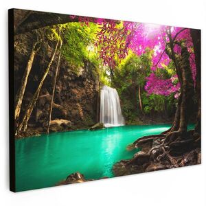 MuchoWow OBRAZ NA PLÁTNĚ Vodopád s barevnými květy a stromy - Příroda - Džungle 120x80 cm obraz