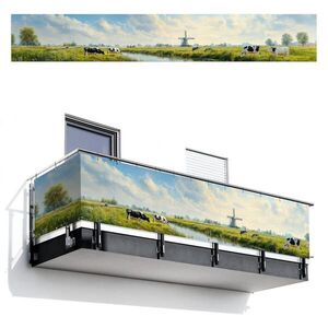 MuchoWow BALKONOVÁ ZÁSTĚNA Krávy - větrný mlýn - louka - modrá 500x75 cm obraz