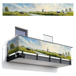MuchoWow BALKONOVÁ ZÁSTĚNA Krávy - větrný mlýn - louka - modrá 500x90 cm obraz