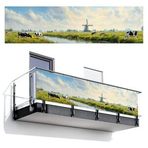 MuchoWow BALKONOVÁ ZÁSTĚNA Krávy - větrný mlýn - louka - modrá 300x85 cm obraz