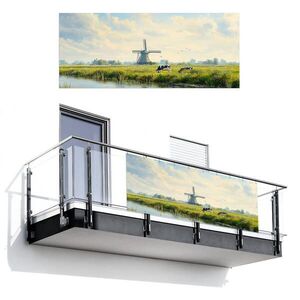 MuchoWow BALKONOVÁ ZÁSTĚNA Krávy - větrný mlýn - louka - modrá 300x120 cm obraz