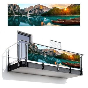 MuchoWow BALKONOVÁ ZÁSTĚNA Jezero - Hory - Západ slunce - Loď 300x90 cm obraz