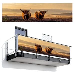 MuchoWow BALKONOVÁ ZÁSTĚNA Skotští horalé - Vřesoviště - Krajina - Zvířata 300x80 cm obraz