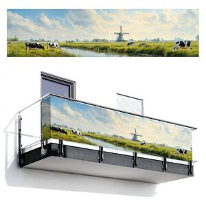 MuchoWow BALKONOVÁ ZÁSTĚNA Krávy - větrný mlýn - louka - modrá 500x120 cm obraz