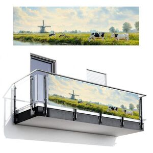 MuchoWow BALKONOVÁ ZÁSTĚNA Krávy - větrný mlýn - louka - modrá 300x95 cm obraz