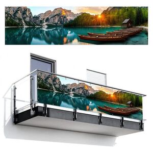 MuchoWow BALKONOVÁ ZÁSTĚNA Jezero - Hory - Západ slunce - Loď 300x80 cm obraz