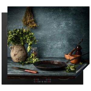 MuchoWow KRYT NA INDUKČNÍ DESKU Bylinky - Koření - Pánev - Nůž - Šedý - Rustikální 58.3x51.3 cm obraz