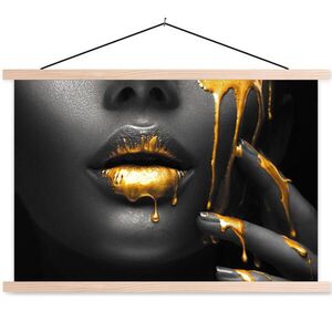 MuchoWow PLAKÁT S MAGNETICKOU LIŠTOU Žena - černá - zlatá - obličej - rty 60x40 cm obraz