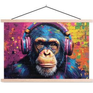 MuchoWow PLAKÁT S MAGNETICKOU LIŠTOU Graffiti - Šimpanz - Street art - Sluchátka - Opice 60x40 cm obraz