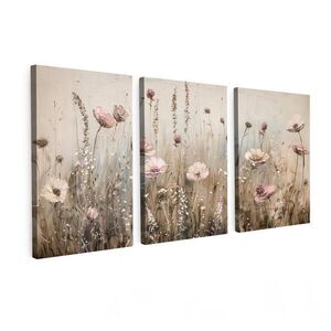 MuchoWow OBRAZ NA PLÁTNĚ 3dílná sada Květiny - béžová - moderní - růžová 120x60 cm obraz