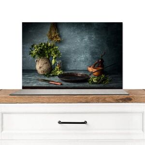 MuchoWow KUCHYŇSKÁ ZÁSTĚNA Bylinky - Koření - Pánev - Nůž - Šedý - Rustikální 70x50 cm obraz