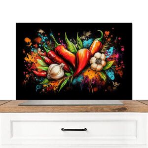 MuchoWow KUCHYŇSKÁ ZÁSTĚNA Zelenina - paprika - česnek - graffiti - barva - barevné 80x55 cm obraz