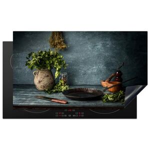 MuchoWow KRYT NA INDUKČNÍ DESKU Bylinky - Koření - Pánev - Nůž - Šedý - Rustikální 89.6x51.6 cm obraz