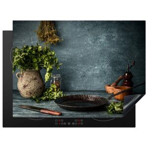 MuchoWow KRYT NA INDUKČNÍ DESKU Bylinky - Koření - Pánev - Nůž - Šedý - Rustikální 70x52 cm obraz