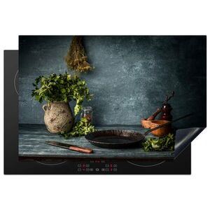 MuchoWow KRYT NA INDUKČNÍ DESKU Bylinky - Koření - Pánev - Nůž - Šedý - Rustikální 78x52 cm obraz