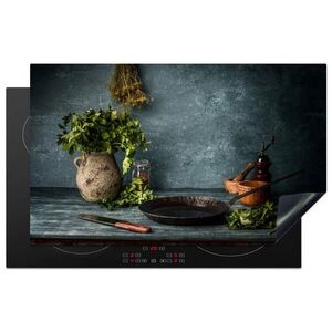 MuchoWow KRYT NA INDUKČNÍ DESKU Bylinky - Koření - Pánev - Nůž - Šedý - Rustikální 83x51 cm obraz