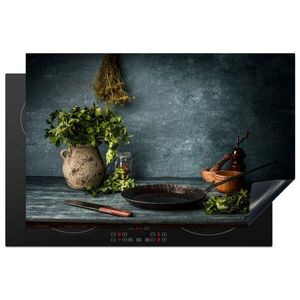 MuchoWow KRYT NA INDUKČNÍ DESKU Bylinky - Koření - Pánev - Nůž - Šedý - Rustikální 80x52 cm obraz