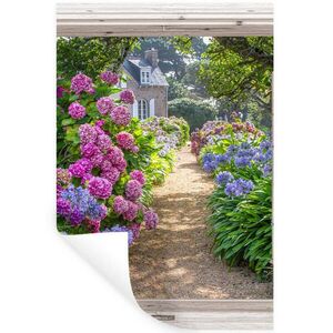 MuchoWow SAMOLEPKA NA ZEĎ Hortenzie - Průhledné - Květiny - Léto - Fialová - Cesta 80x120 cm obraz