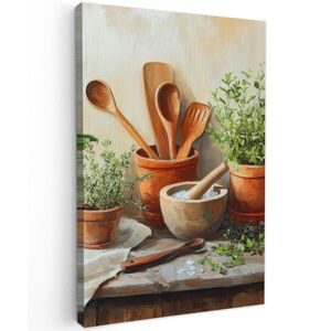 MuchoWow OBRAZ NA PLÁTNĚ Hrnce - Bylinky - Dřevo 20x30 cm obraz