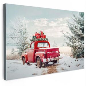 MuchoWow OBRAZ NA PLÁTNĚ Auto - Červená - Dárky - Zima - Sníh - Vánoce 120x80 cm obraz