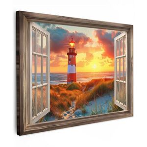 MuchoWow OBRAZ NA PLÁTNĚ Pohled - okno - maják - západ slunce - pláž 40x30 cm obraz
