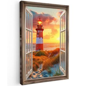 MuchoWow OBRAZ NA PLÁTNĚ Pohled - okno - maják - západ slunce - pláž 60x90 cm obraz